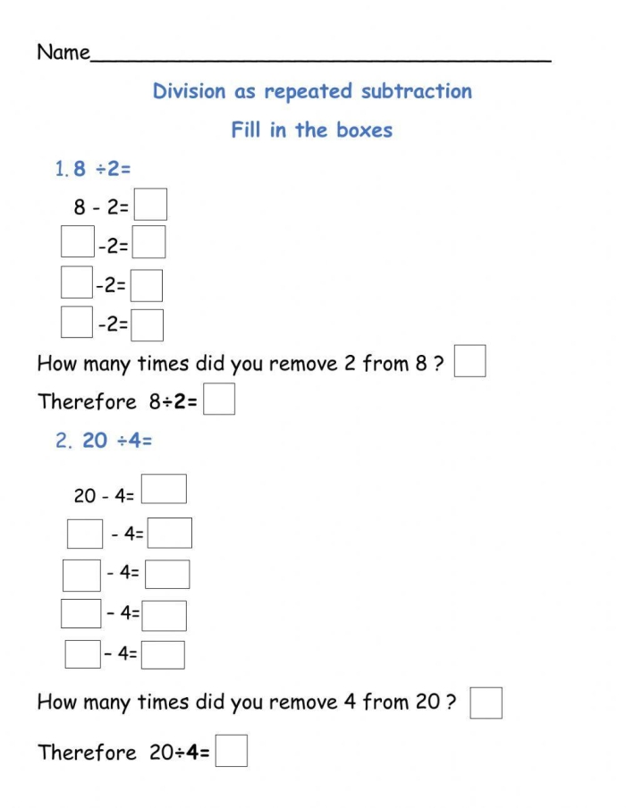 Division repeated subtraction exercise for third graders worksheet image 15 Third grade students practicing division by repeated subtraction on a worksheet