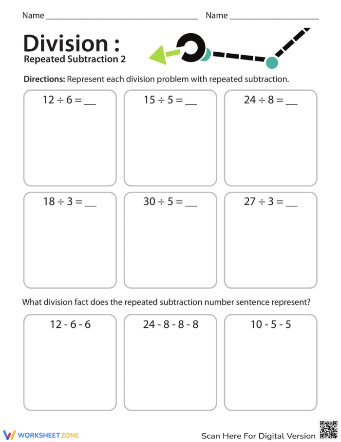 Division repeated subtraction exercise for third graders part two worksheet 13 Third grade worksheet showing division problems solved by repeated subtraction
