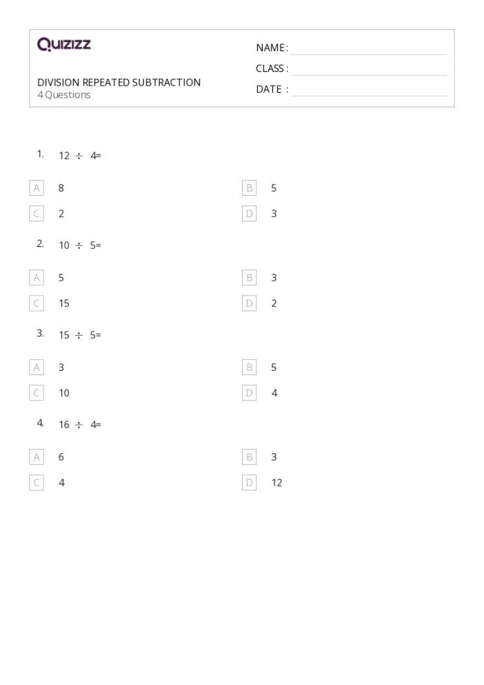 Division worksheet part two focused on repeated subtraction for third graders Third grade worksheet showing division problems solved by repeated subtraction method