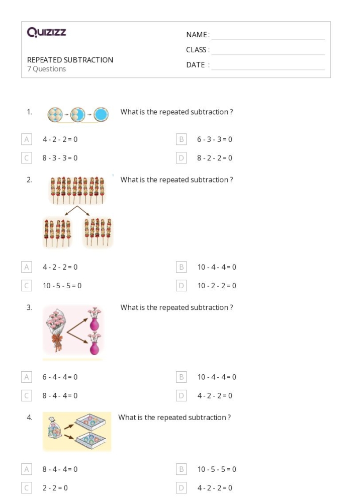 Division repeated subtraction practice worksheet for third graders part two Third grade worksheet showing division problems solved with repeated subtraction