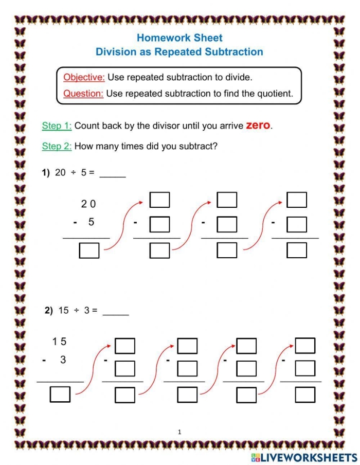 Worksheet for division using repeated subtraction part two for third graders Third grade students practicing division by repeated subtraction on a worksheet