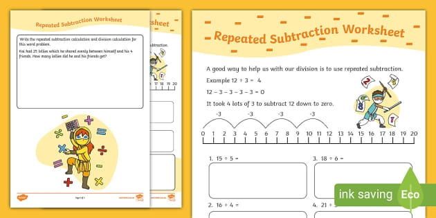 Division using repeated subtraction practice worksheet for third graders, image 22 Third grade worksheet showing division problems solved by repeated subtraction