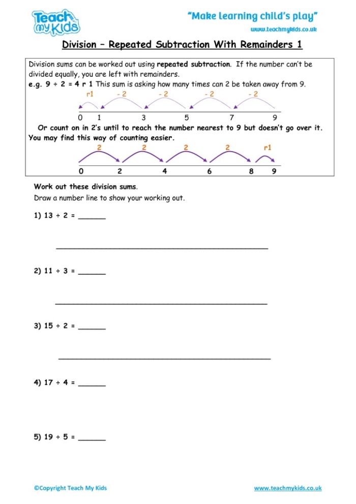 Worksheet 18 for division using repeated subtraction in grammar and mechanics category Third grade students practicing division with repeated subtraction on worksheet 18
