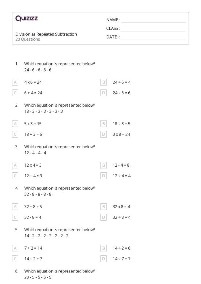 Division repeated subtraction practice sheet for third grade students part two Third grade worksheet showing division problems solved by repeated subtraction