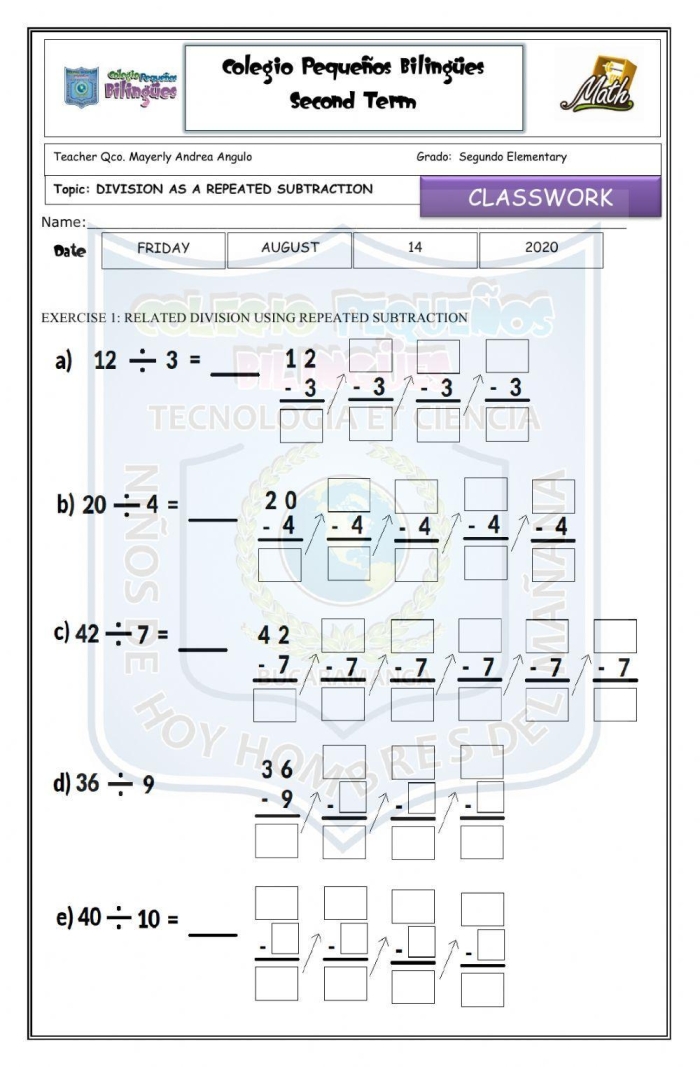 Division practice worksheet part two for repeated subtraction exercises Third grade worksheet showing division problems solved by repeated subtraction