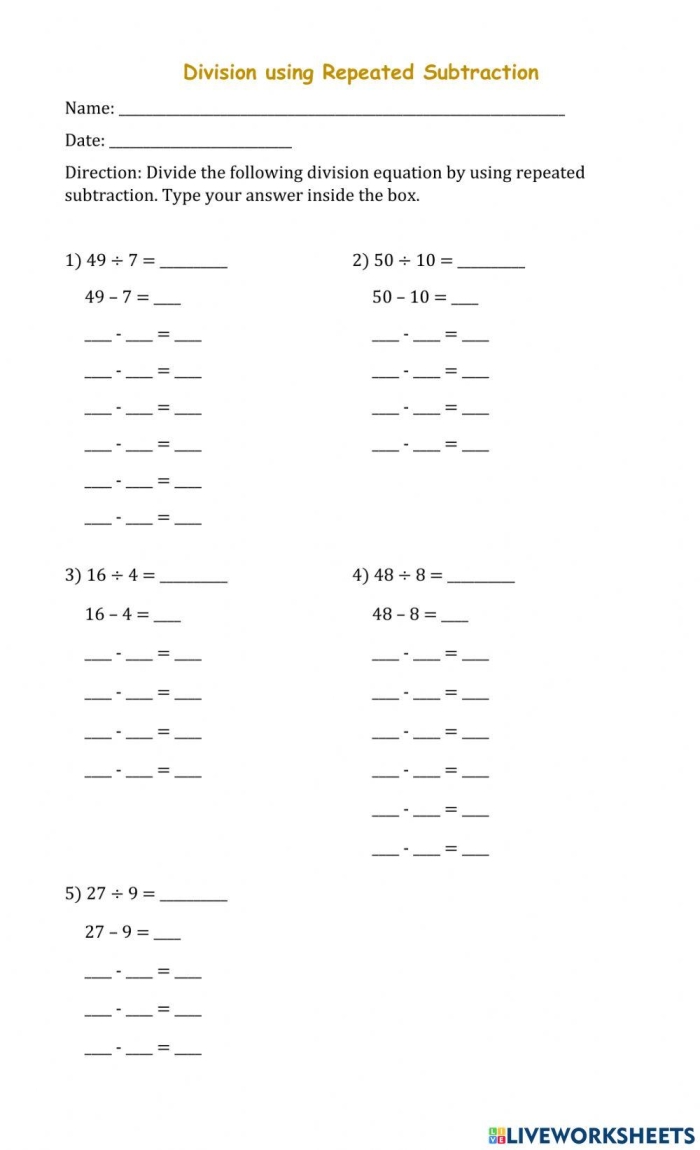 Division worksheet part two focusing on repeated subtraction for third graders Third grade worksheet showing division problems solved by repeated subtraction