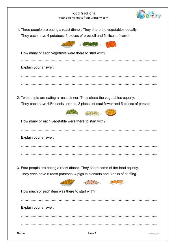 Eating Fractions Worksheet for Third Graders Kids solving fraction word problems on a food-themed worksheet