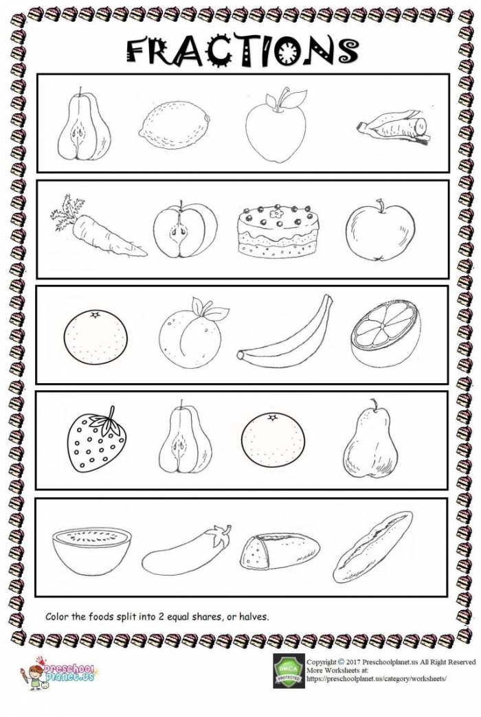 Educational image for Eating Fractions worksheet, grade 3 Worksheet showing kids solving fraction word problems related to food