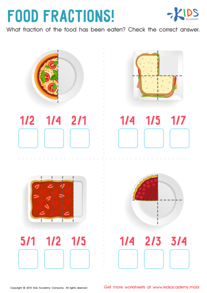 Engaging Eating Fractions worksheet for enhancing math skills Third grade students solving fraction word problems related to food on a worksheet