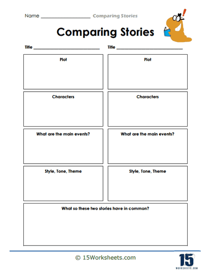 Comparing Story Elements in Two Fiction Texts worksheet for third grade learners, image 12 Third grade worksheet on comparing characters, settings, and events in two fiction stories