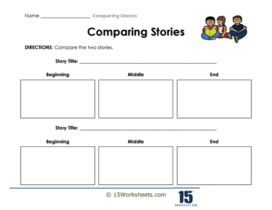 Comparing Story Elements worksheet for Grade 3 readers, image 25 Third grade worksheet for comparing characters, setting, and events in two fiction stories