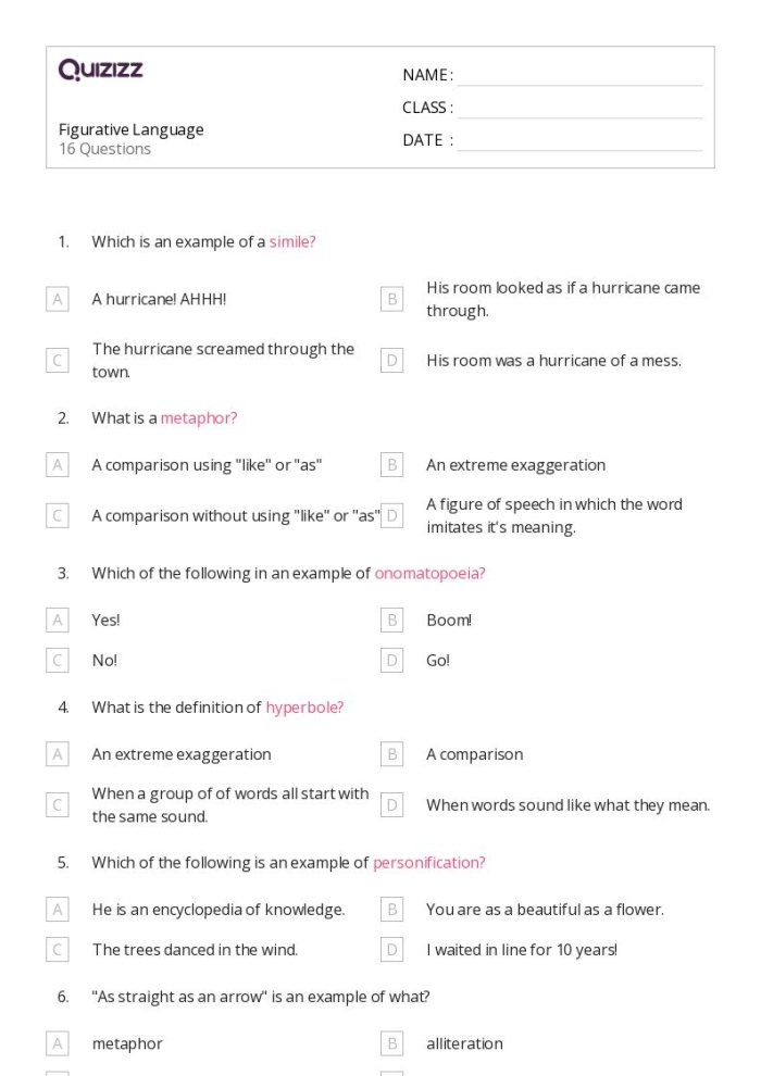 Figurative Language 3 worksheet for reading practice in grade three, image 20 Third Grade students working on Making Sense of Figurative Language 3 worksheet with metaphors