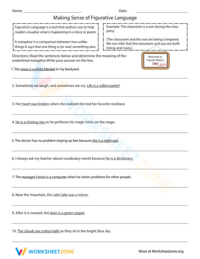 Figurative language exercise for third graders with worksheet image number seven Third grade students practicing metaphors on Making Sense of Figurative Language worksheet 7