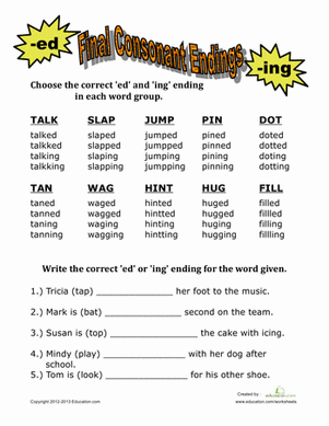 Third grade worksheet on final consonant endings with ed and ing practice