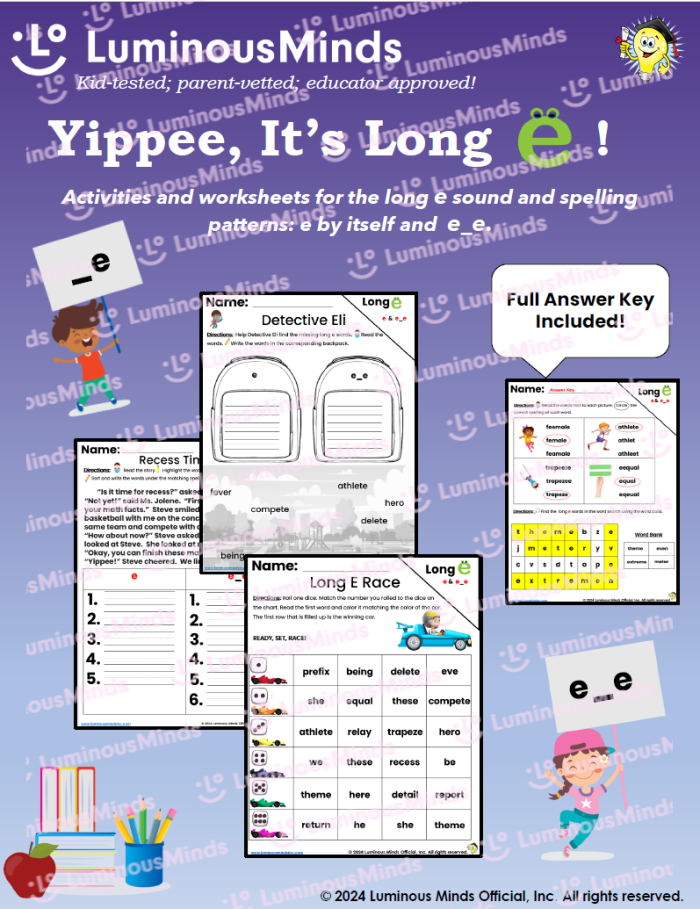 Third grade multiplication worksheet focusing on final e word sorting