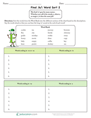Third grade worksheet focusing on sorting words with the final /e/ sound for multiplication practice