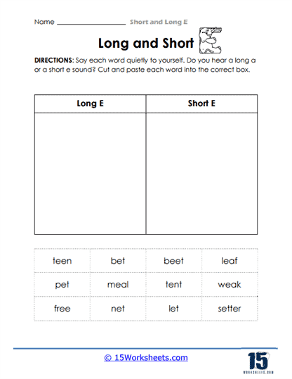 Third grade worksheet for sorting words with a final /e/ sound in multiplication context