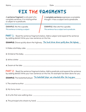 Fix the Fragments worksheet for third graders focusing on subtraction and grammar skills Third grade students practicing sentence completion on a Fix the Fragments subtraction worksheet
