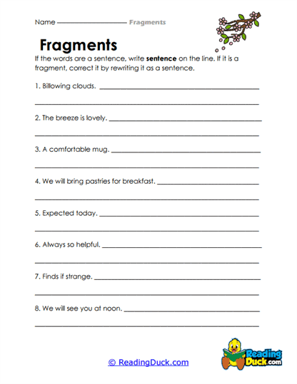 Fix the Fragments exercise for third graders focusing on sentence completion and subtraction problems Third grade worksheet on fixing sentence fragments with subtraction examples