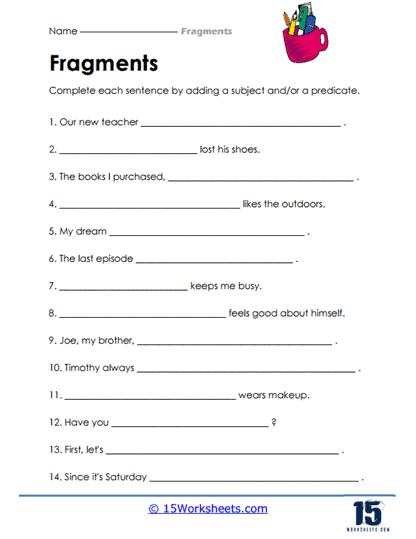Fix the Fragments exercise for third graders on basic subtraction sentences Third grade subtraction worksheet showing sentences with fragments to fix