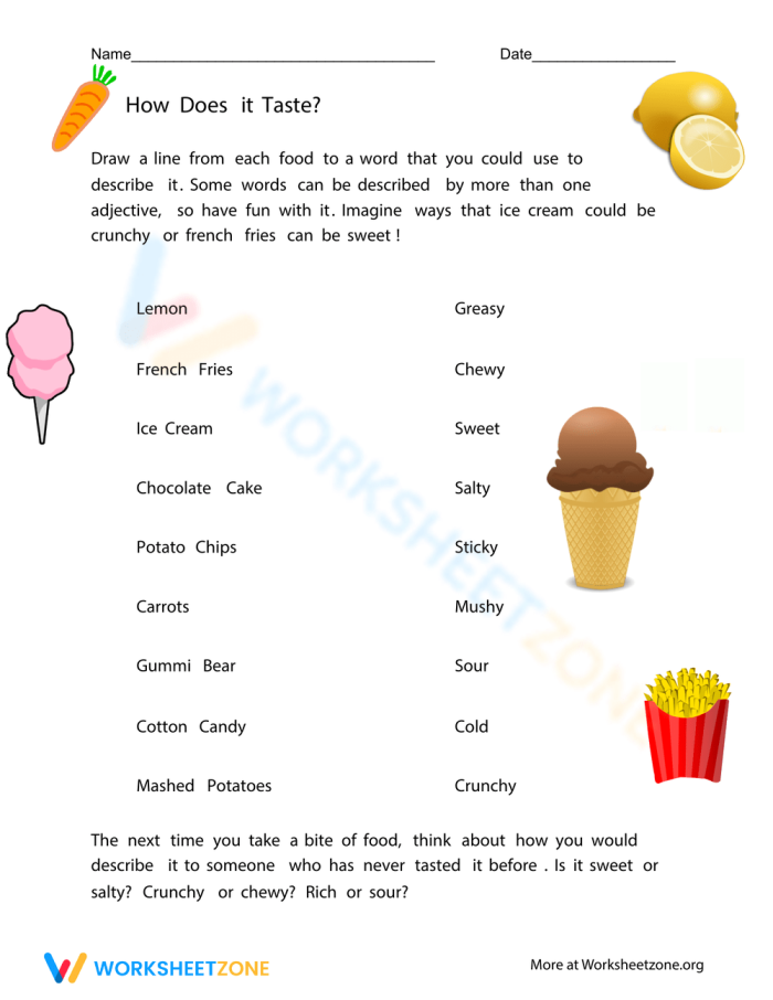 Adjectives to Describe Food worksheet for third grade reading practice image 3 Third grade students completing an adjectives to describe food worksheet with colorful illustrations