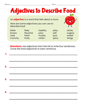 Adjectives to Describe Food worksheet for third grade reading practice, image 23 Third grade students completing an adjectives to describe food worksheet with colorful pictures