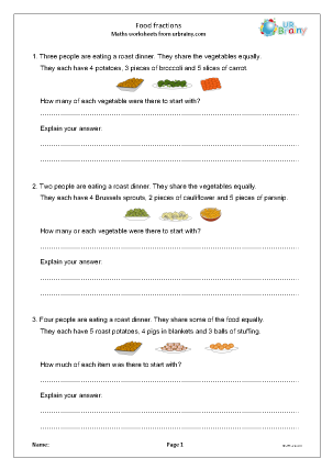 Eating Fractions worksheet to enhance children's understanding of fractions A colorful worksheet featuring food-themed fraction word problems for third graders
