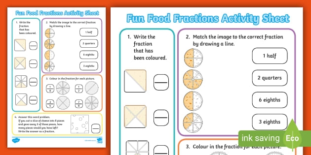 Eating Fractions Worksheet for Third Grade Math Skills Worksheet featuring fraction word problems related to food for third graders