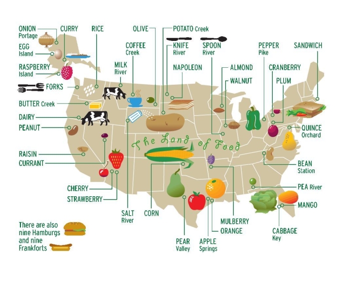 Explore the delicious U.S. Food Map worksheet designed for young learners U.S. Food Map worksheet for third grade showing popular foods by state