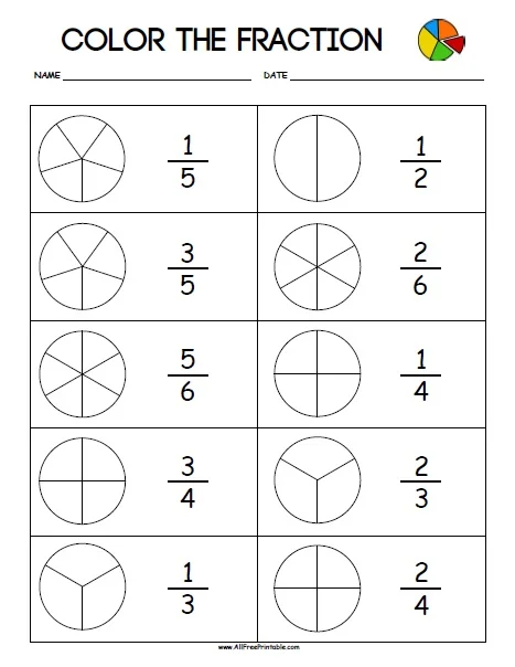 Third grade math worksheet showing shapes colored to represent fractions one-half, one-third, and one-fourth