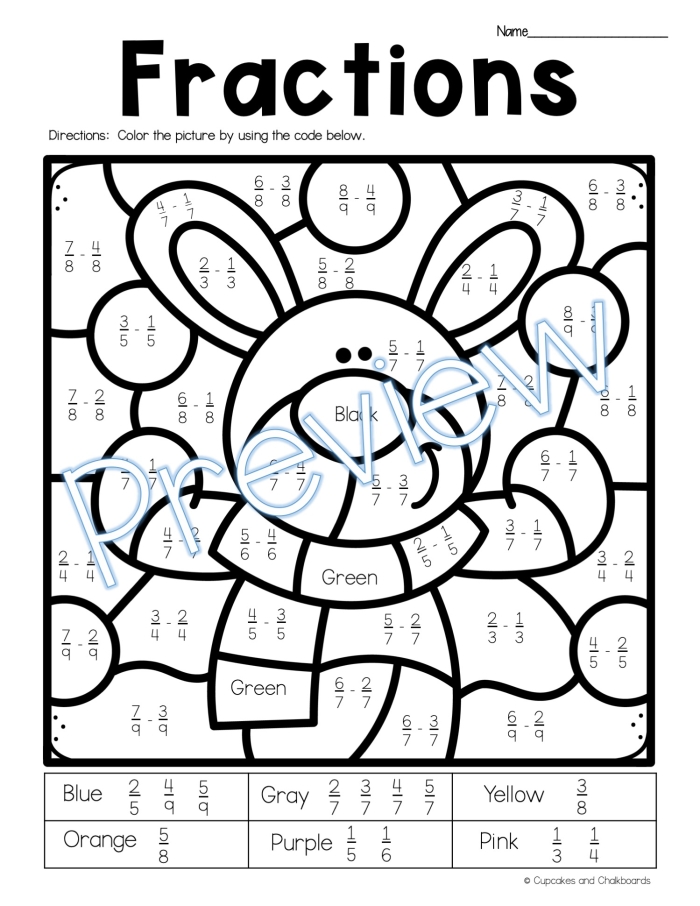 Third grade math worksheet showing shapes colored to represent fractions 1/2, 1/3, and 1/4