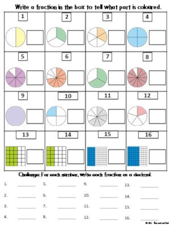 Third grade math worksheet showing shapes divided into halves, thirds, and fourths for coloring practice