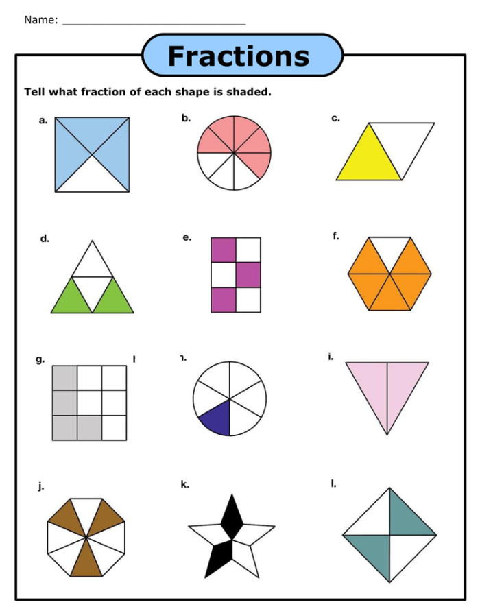 Third grade math worksheet showing shapes to color representing fractions one-half, one-third, and one-fourth