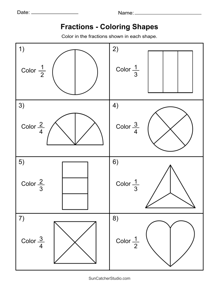 Third grade Fraction Practice: Color It! worksheet showing shapes divided and colored to represent 1/2, 1/3, and 1/4 fractions