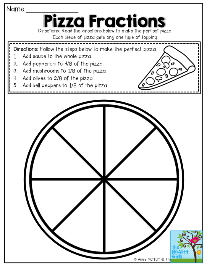 Third grade Fraction Practice Color It worksheet showing shapes divided and partially colored to represent fractions 1/2, 1/3, and 1/4