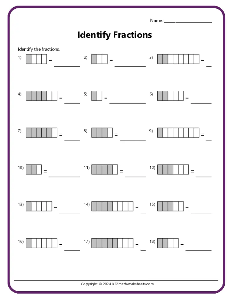 Third grade math worksheet showing shapes colored to represent fractions one-half, one-third, and one-fourth