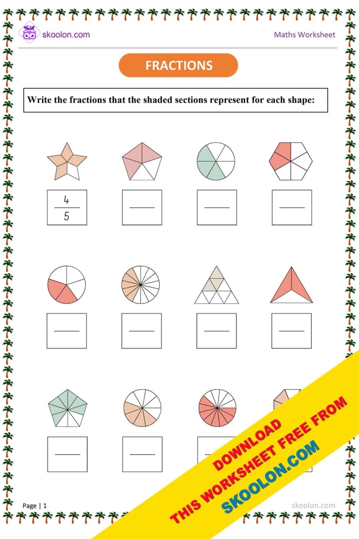 Third grade fraction practice worksheet showing shapes colored to represent 1/2, 1/3, and 1/4