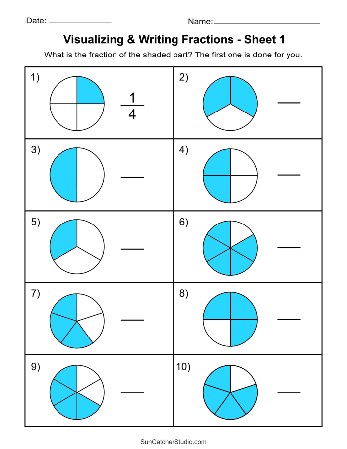 Third grade math worksheet showing shapes colored to represent fractions one-half, one-third, and one-fourth