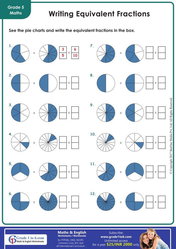 Third grade math worksheet showing shapes colored to represent fractions one-half, one-third, and one-fourth