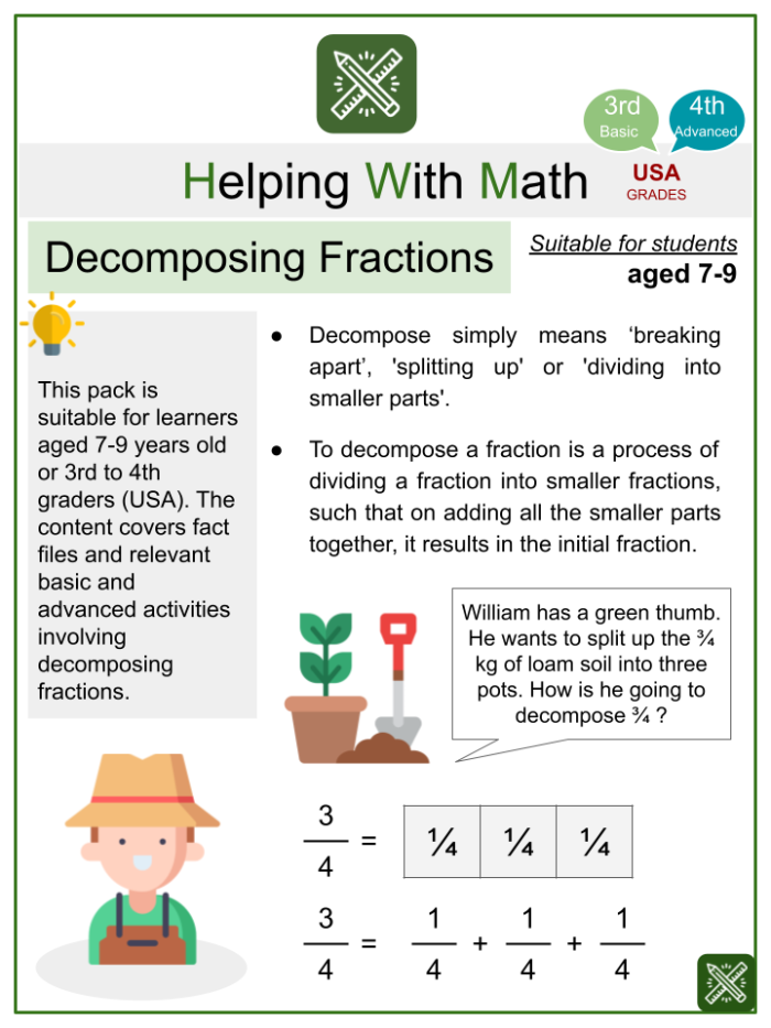 Third grade student coloring garden plots while practicing fraction reduction skills in a math worksheet