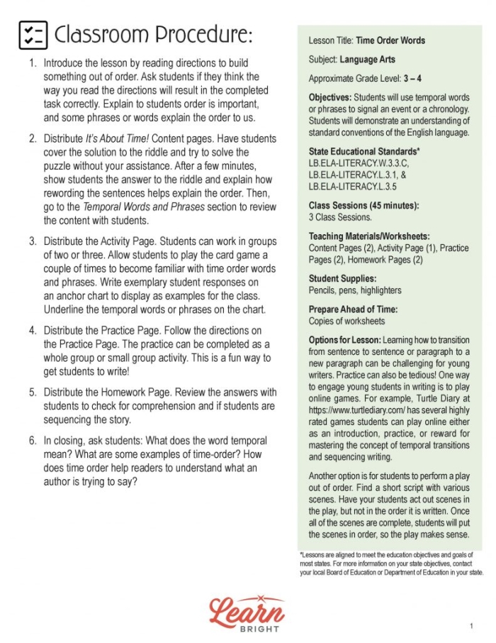 Third grade worksheet on summarizing with time order words featuring fractions