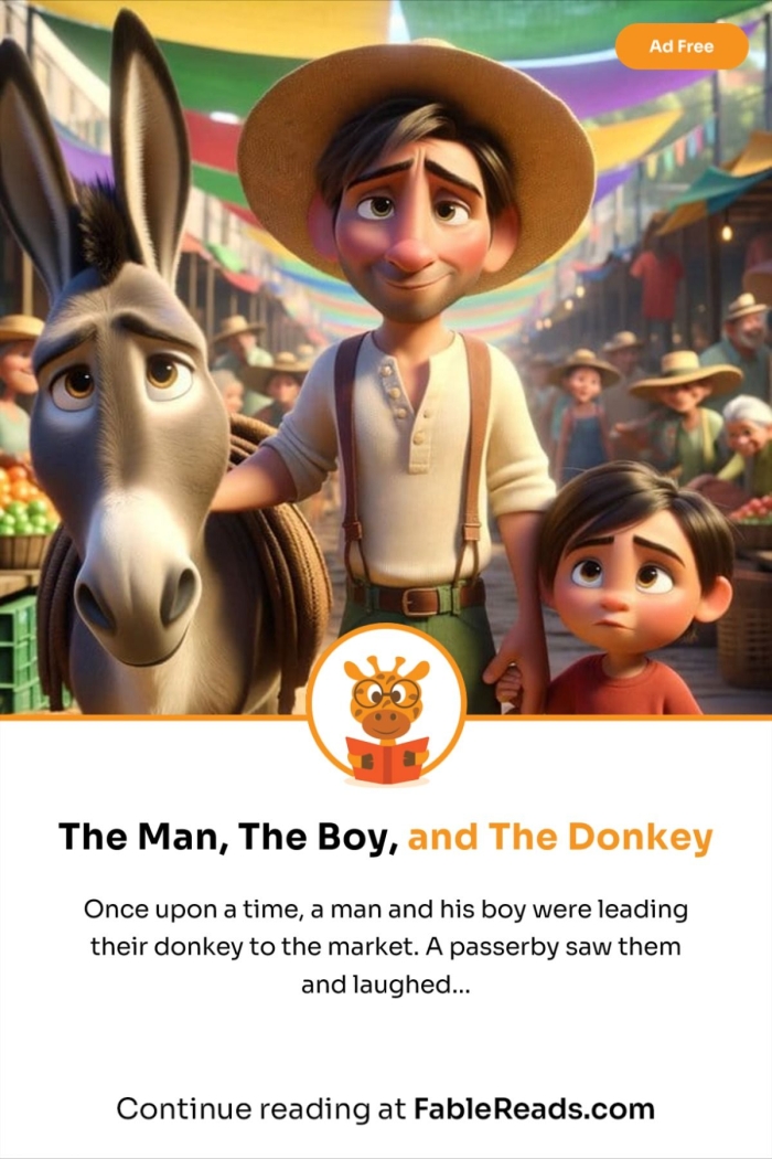 Educational activity based on a classic Aesop fable for reading and math skills A third-grade worksheet featuring "The Man, the Boy, and the Donkey" for practicing fractions