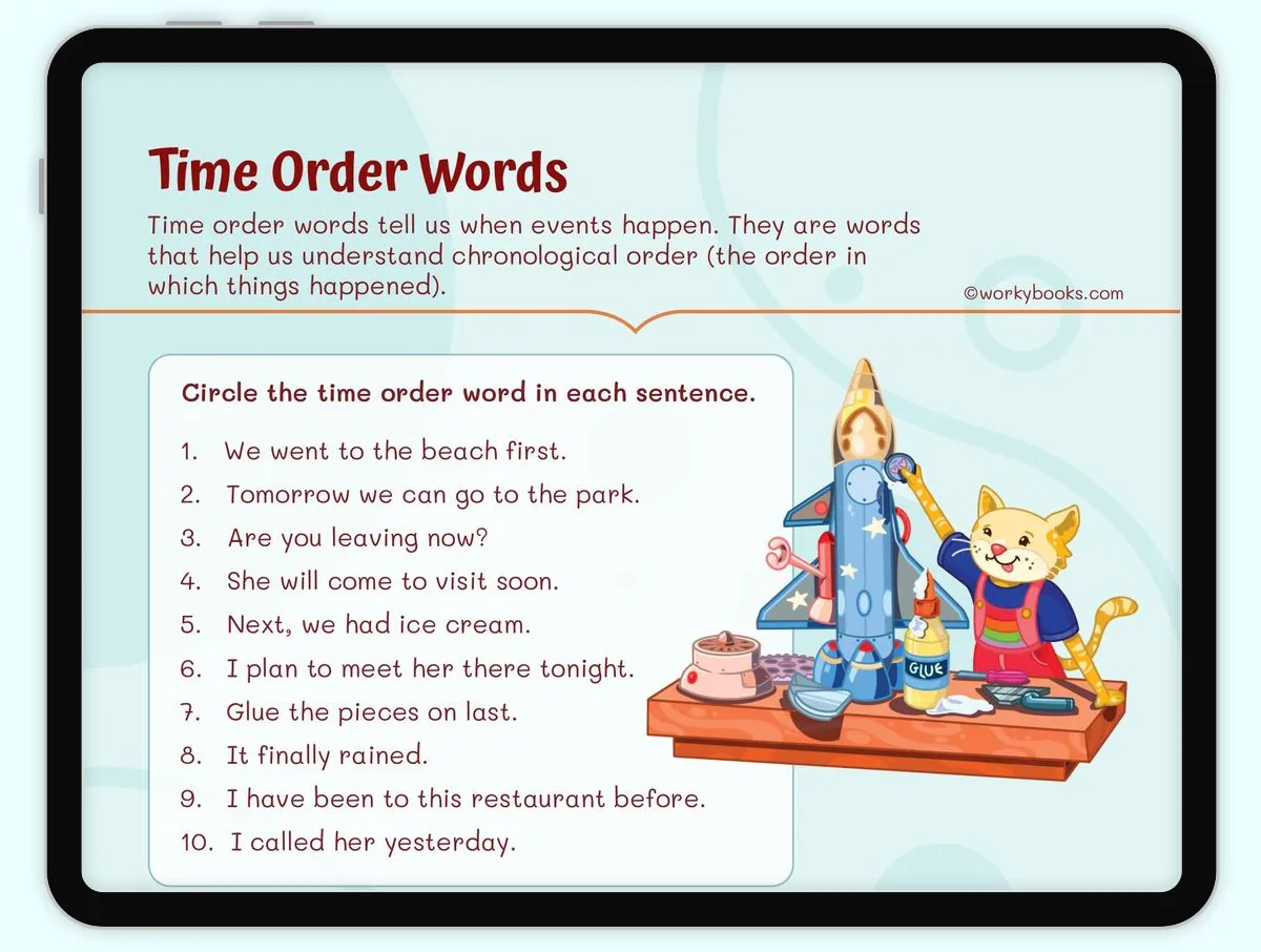 Third Grade worksheet on writing summaries using time order words focused on fractions