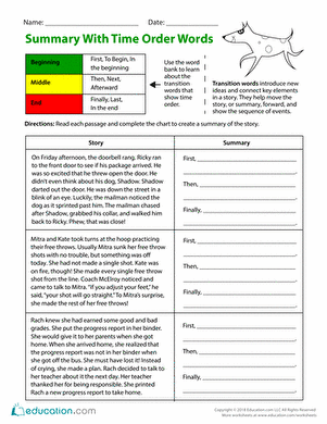 Third grade worksheet on creating summaries using time order words with a focus on fractions