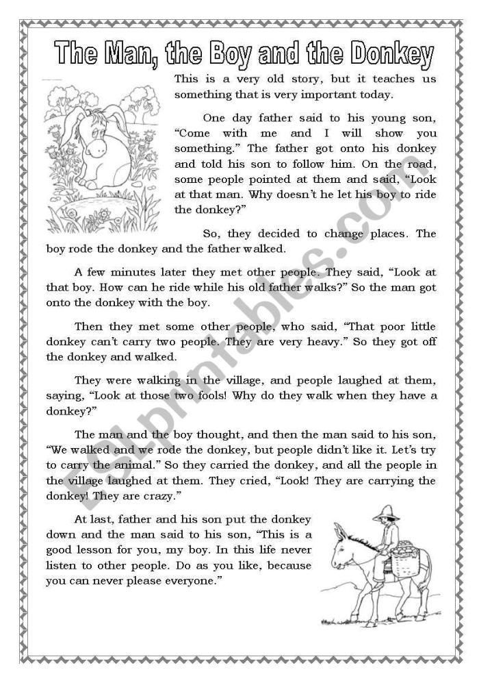 Printable activity inspired by a classic Aesop fable for reading skills development Third grade worksheet featuring "The Man, the Boy, and the Donkey" for teaching fractions