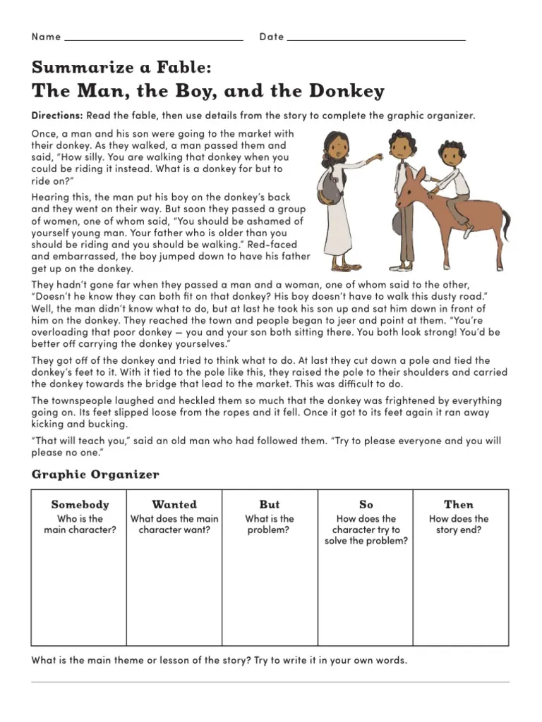 Illustration of Aesop's fable to enhance reading skills for children Third grade worksheet featuring "The Man, the Boy, and the Donkey" for practicing fractions