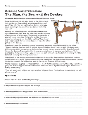 Printable activity based on a classic Aesop Fable for reading enhancement The Man, the Boy, and the Donkey worksheet for third graders focusing on fractions