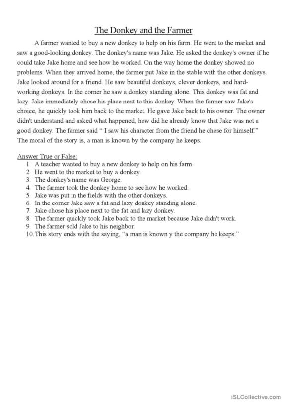 Printable activity based on a classic Aesop fable for developing reading skills A third-grade worksheet featuring "The Man, the Boy, and the Donkey" for learning fractions