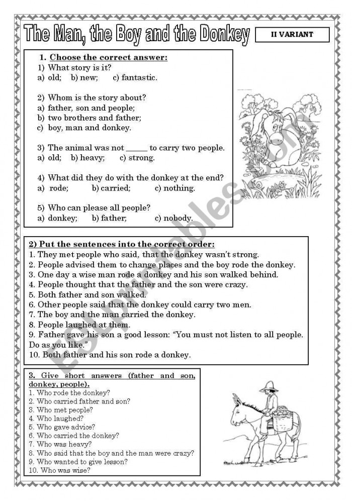 Printable resource based on a classic Aesop Fable for enhancing reading skills Worksheet featuring "The Man, the Boy, and the Donkey" for teaching fractions in third grade