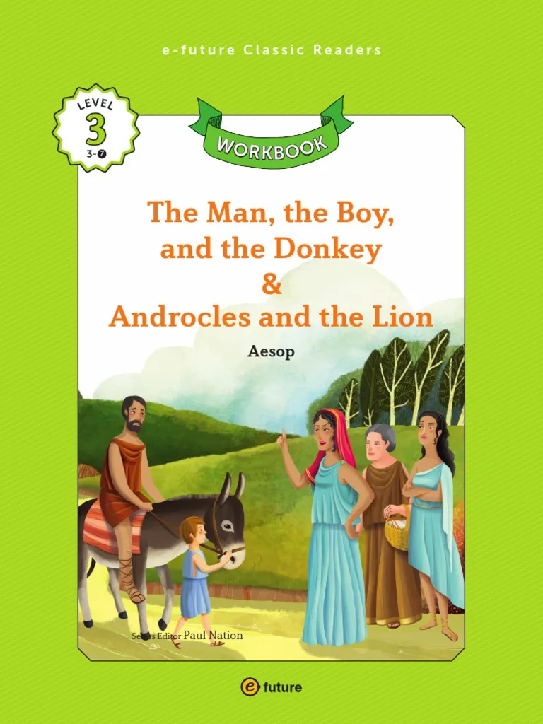 Printable reading skills worksheet based on a classic Aesop Fable for kids Worksheet featuring "The Man, the Boy, and the Donkey" for third graders focusing on fractions